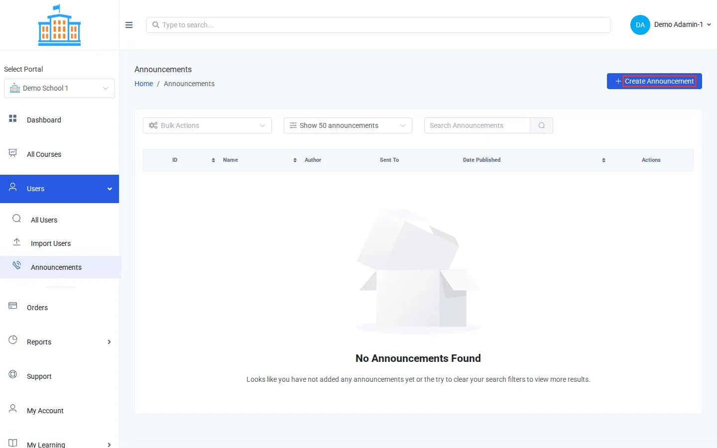The Announcements list with the Create Announcement button outlined