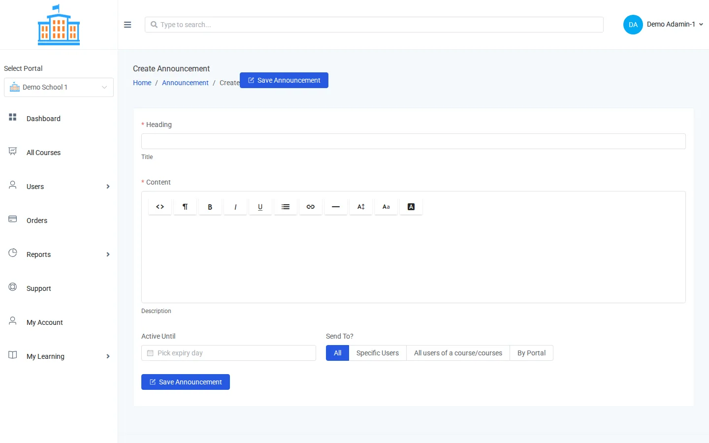 The Create Announcement form with Heading, Content, Active Until, and Send To?