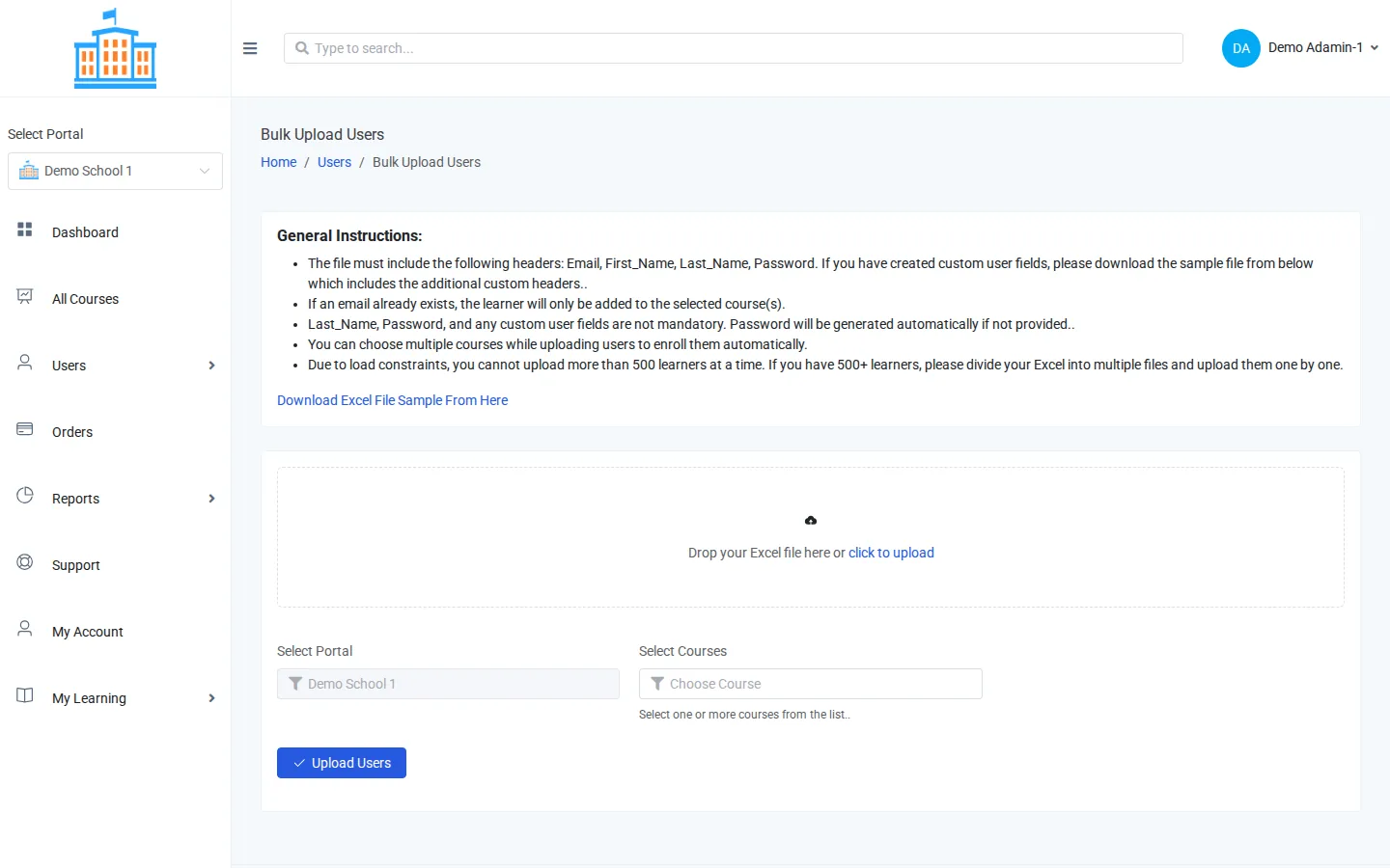 The Bulk Upload Users page with its instructions, upload area, and course selector