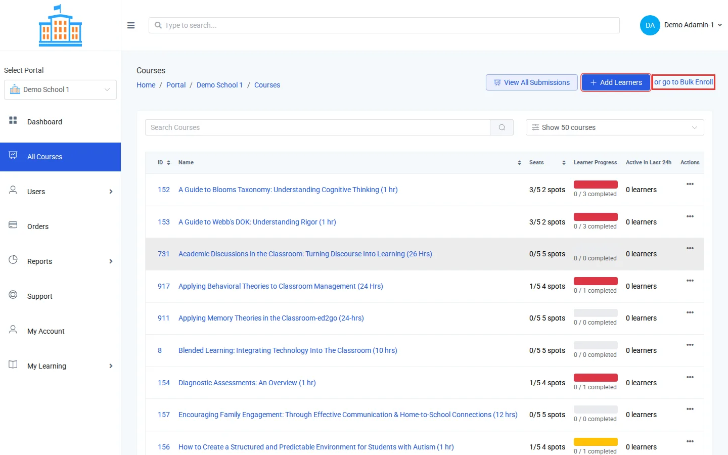 All Courses with the Add Learners button and the Bulk Enroll link outlined