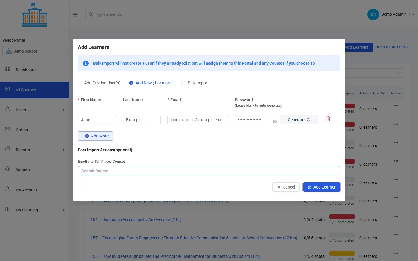 The Add New form filled in with an example teacher, with Add Learner outlined