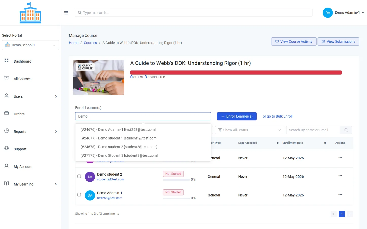 A course page with the Enroll Learner(s) search and button outlined