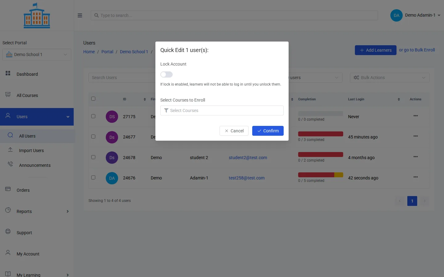The Quick Edit box with Select Courses to Enroll