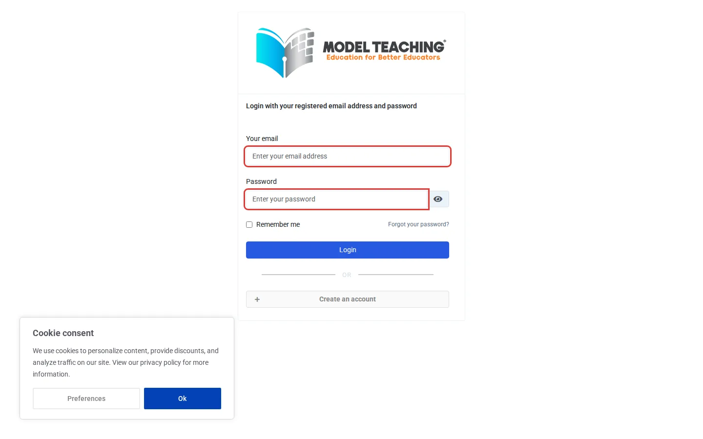 The login page with the email field, the password field, and the Login button outlined