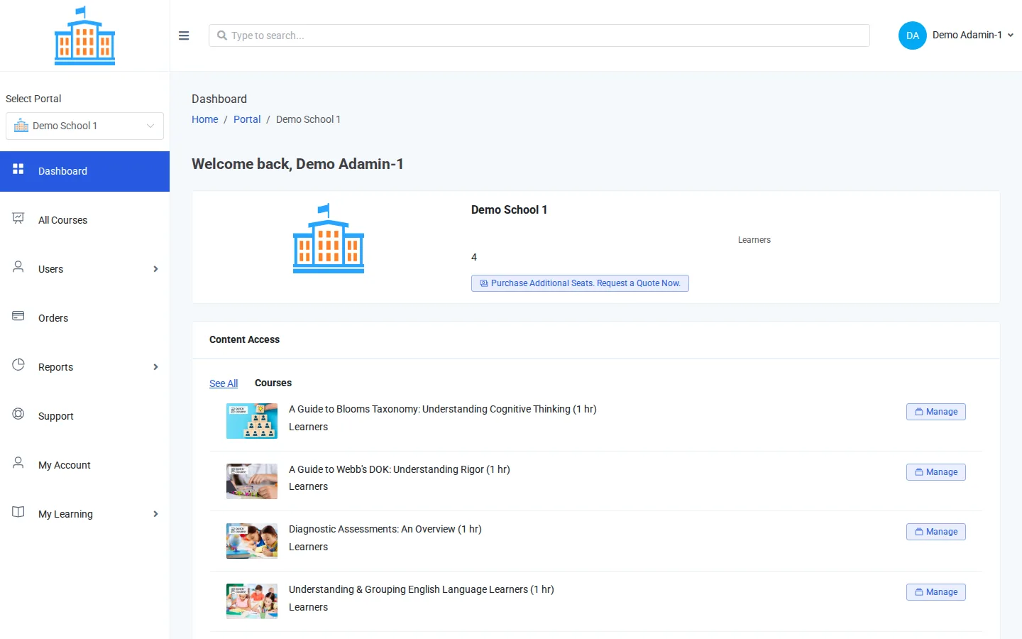 The administrator dashboard with the portal card and the Content Access course list