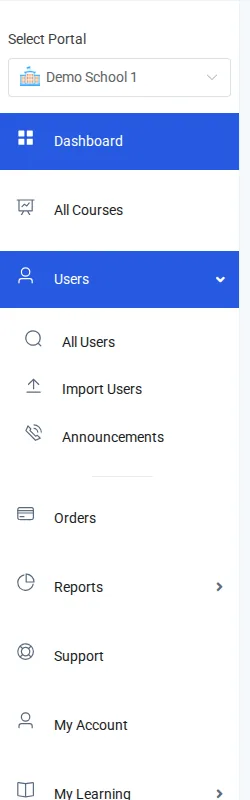 The Users menu open, showing All Users, Import Users, and Announcements