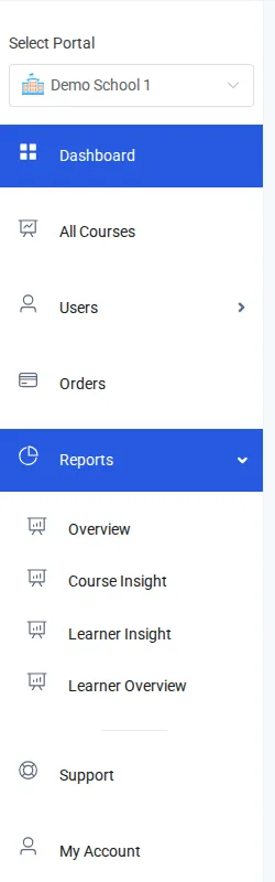 The Reports menu open, showing Overview, Course Insight, Learner Insight, and Learner Overview