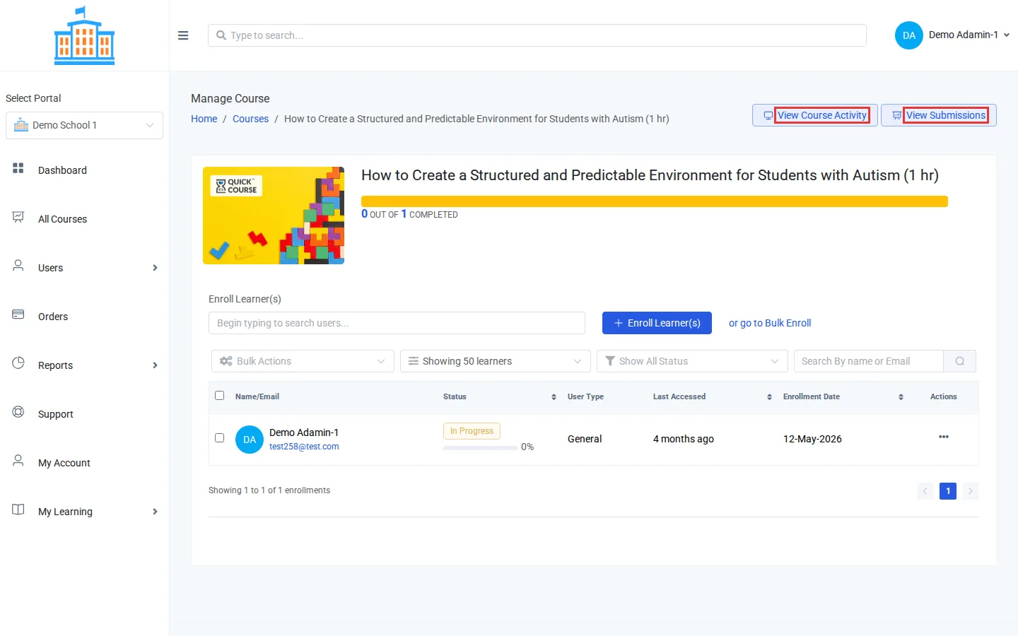 A course's Manage page with View Course Activity and View Submissions outlined