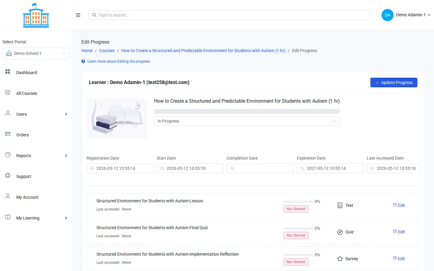 The Edit Progress page with the status, the dates, and an Edit link on each course item