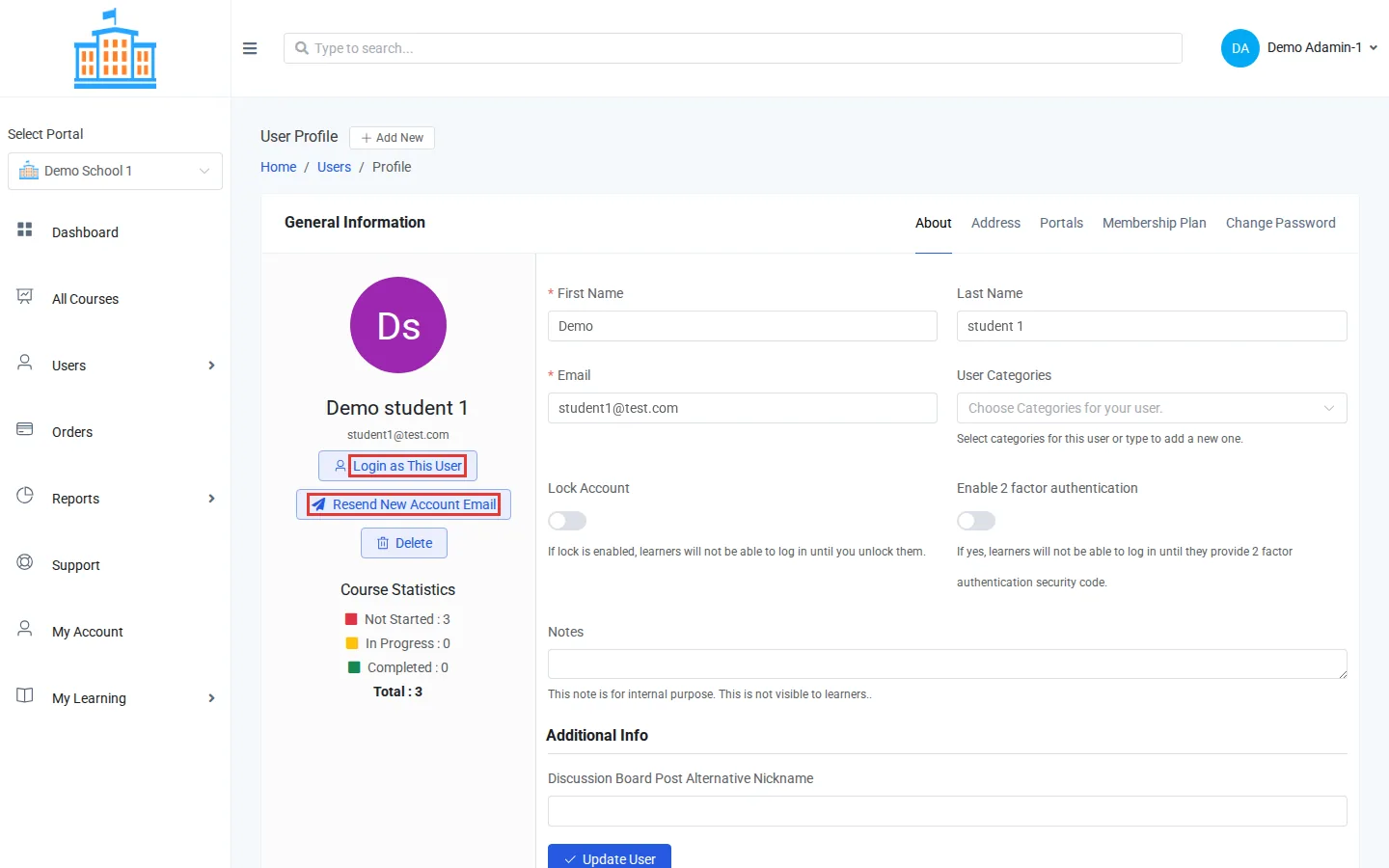 A teacher's profile with Login as This User and Resend New Account Email outlined