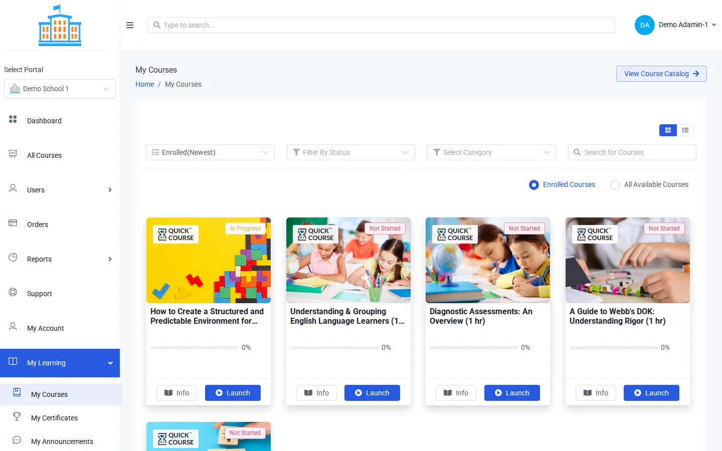 Your My Courses page with course cards