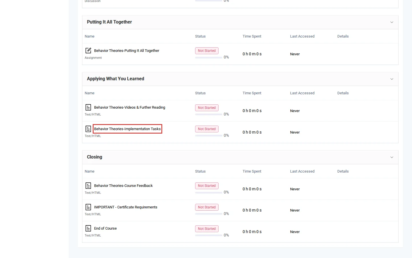 A full-length course's View Progress page with the Implementation Tasks module outlined