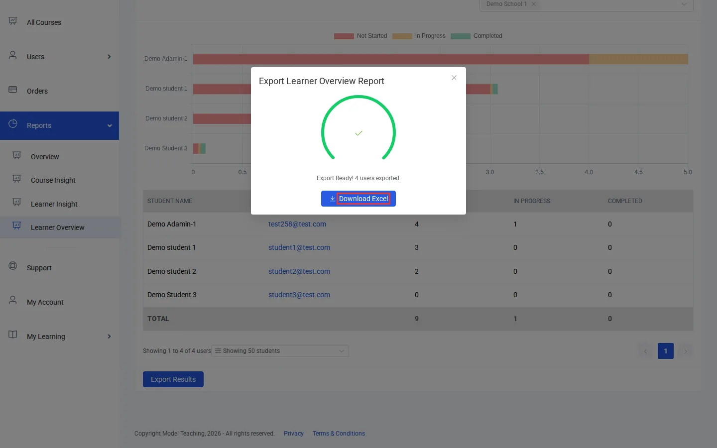 The export window showing Export Ready! with the Download Excel button outlined