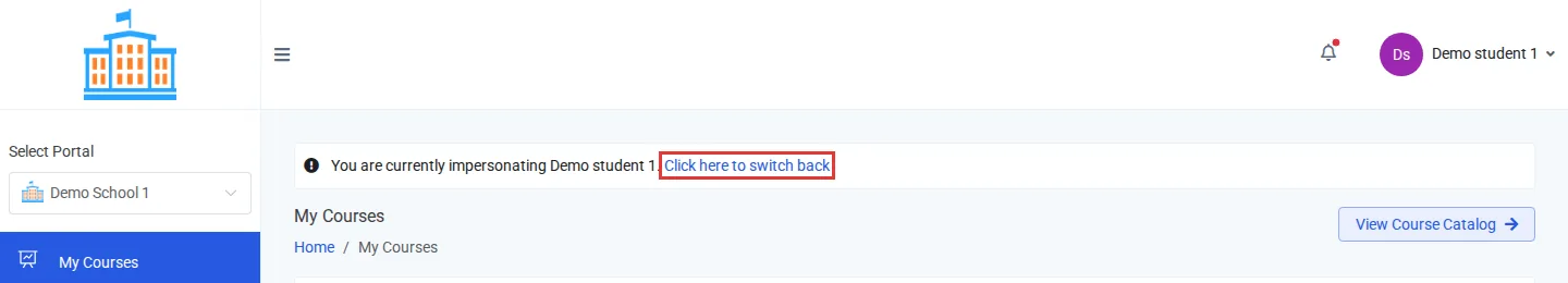 The banner at the top of the page with its switch back link outlined