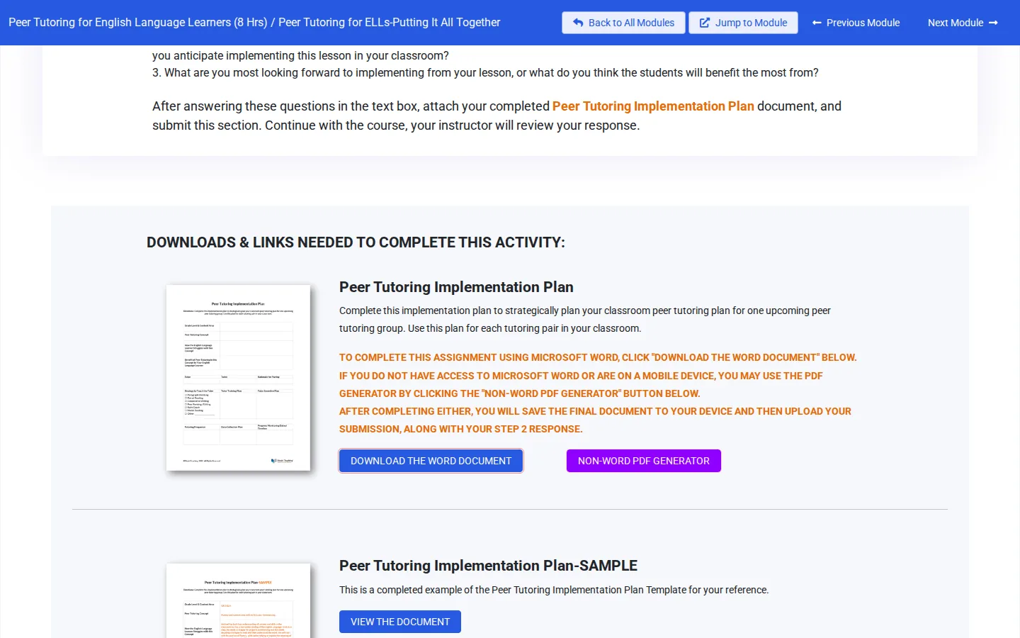 The Download the Word Document link and the purple Non-Word PDF Generator button outlined