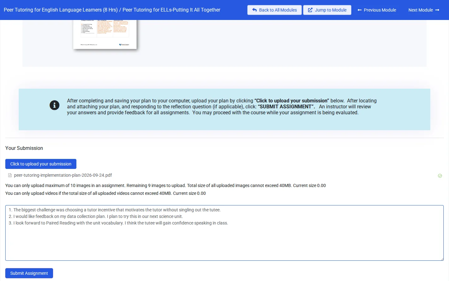 A plan attached and a response typed, with Submit Assignment outlined