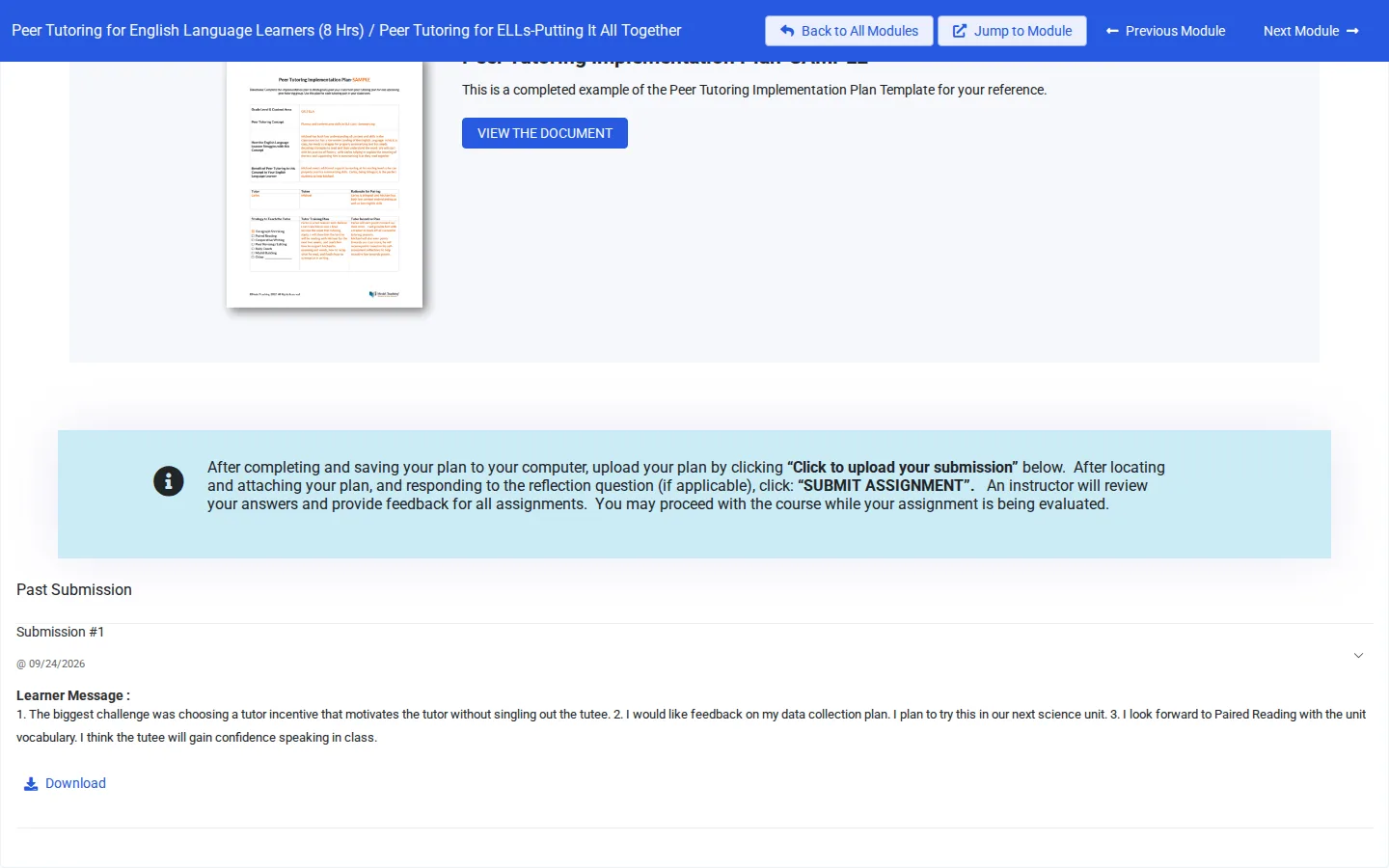 Past Submission showing Submission #1, your message, and Download