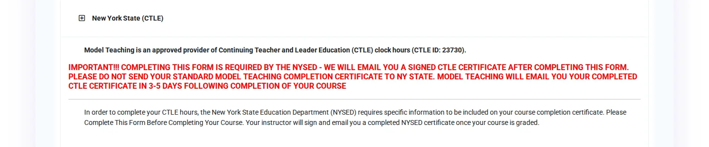 The New York State (CTLE) instructions open in the Certificate Requirements module