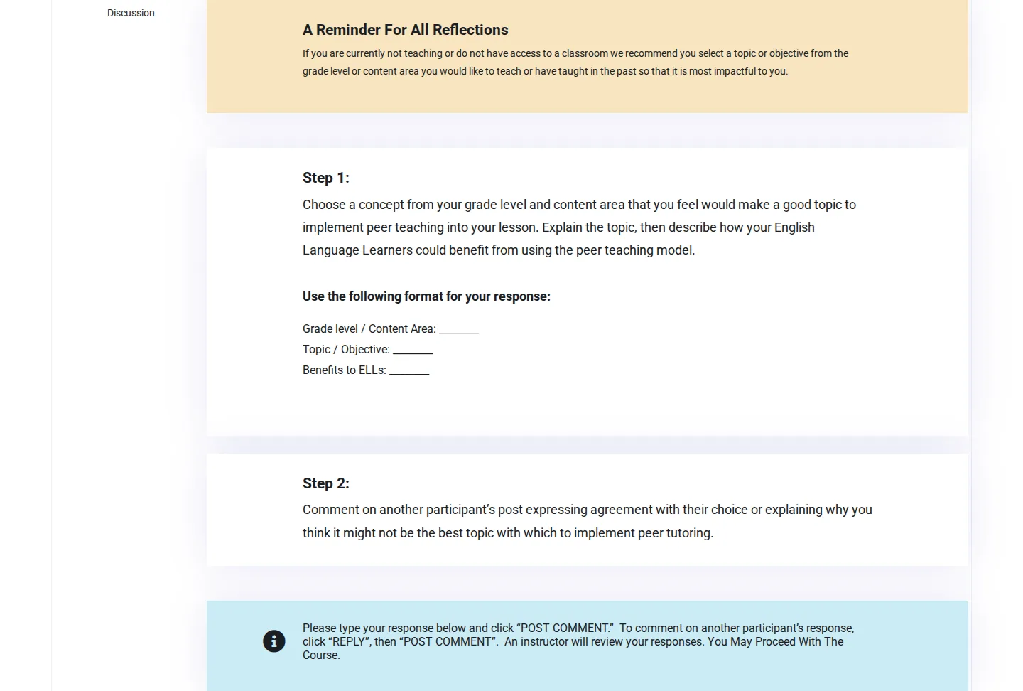 A reflection prompt with Step 1, Step 2, and the blue instruction box