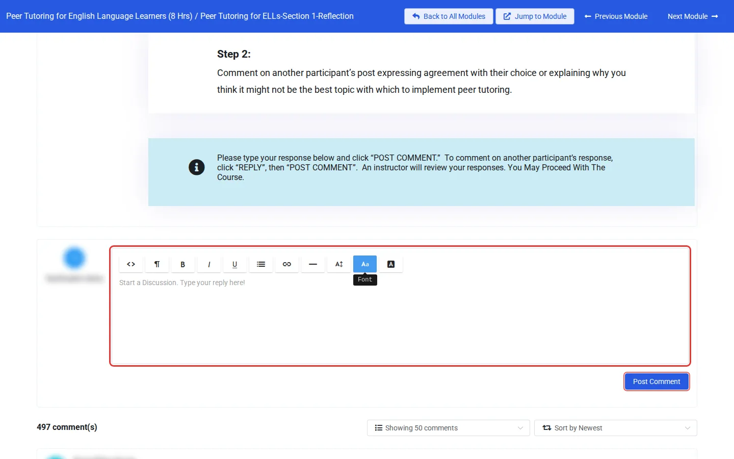 The discussion editor with the Post Comment button outlined