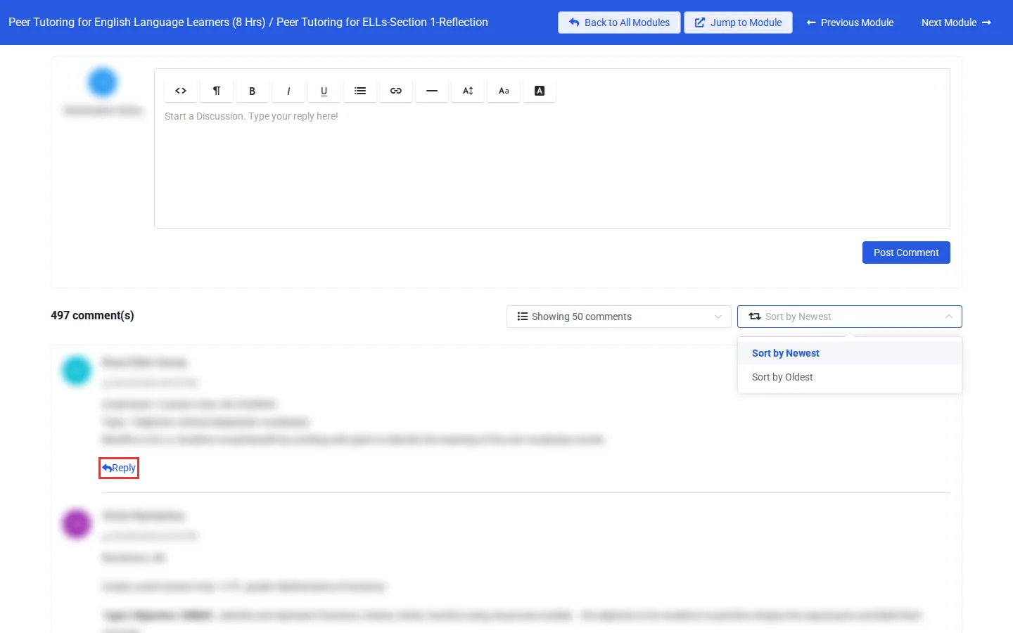 The comment list with Reply outlined; other learners' names and posts are blurred