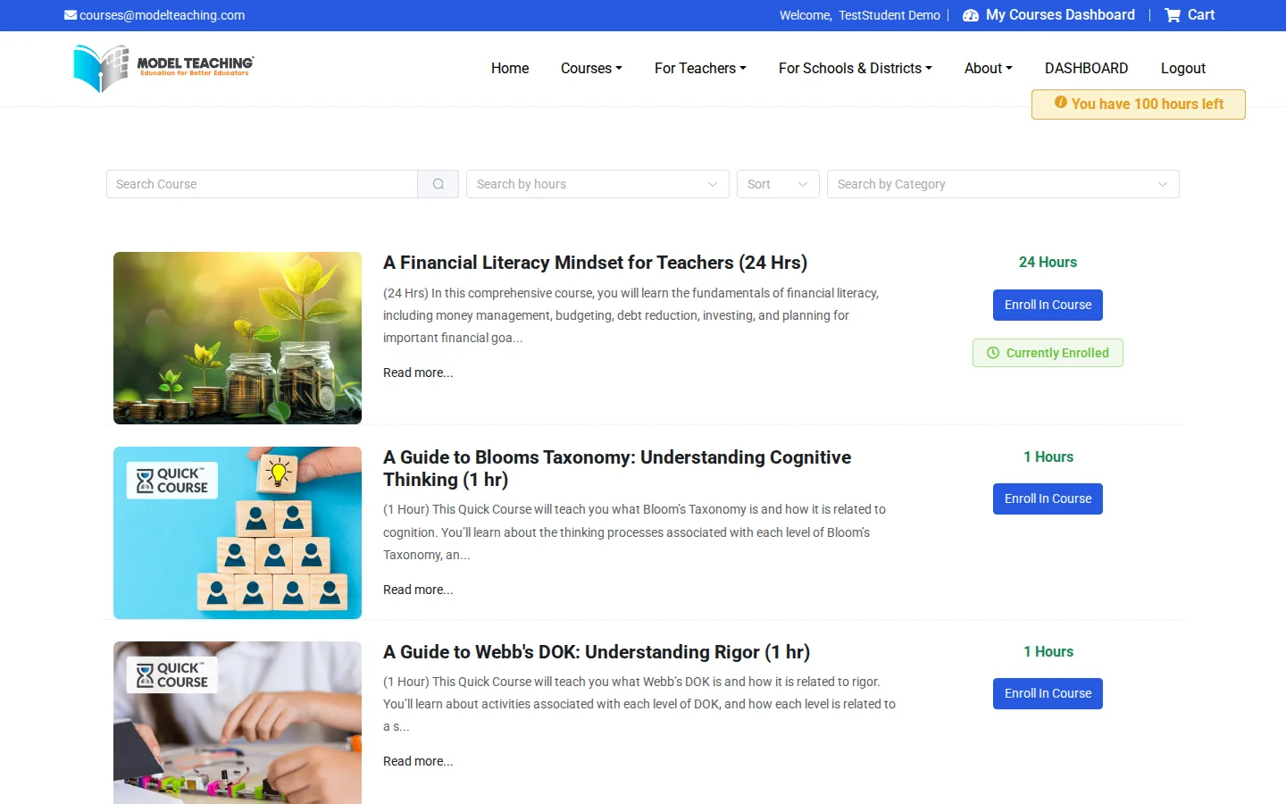 The course selection page with search, filters, and the hours-left badge
