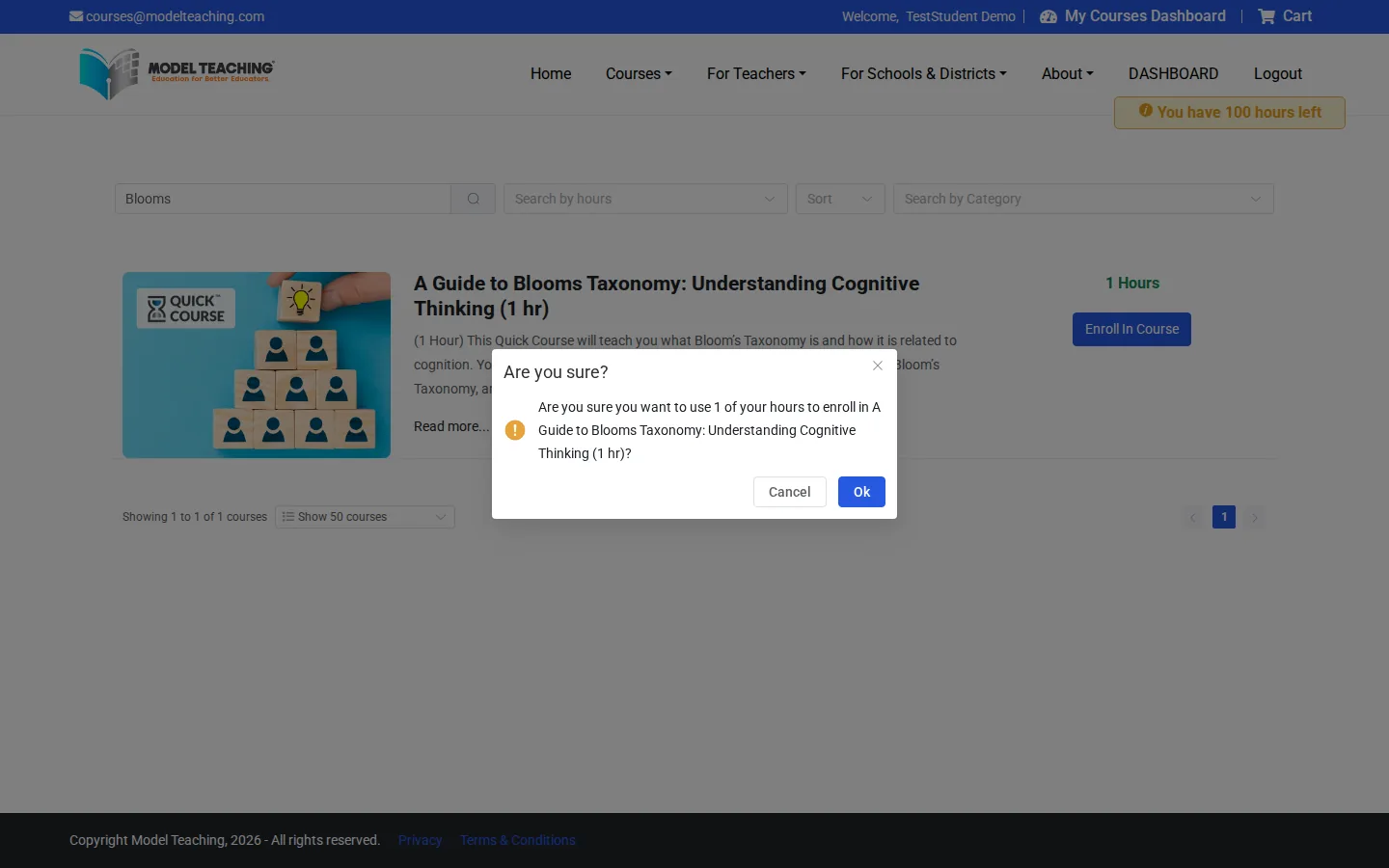 The confirmation message with the Ok button outlined