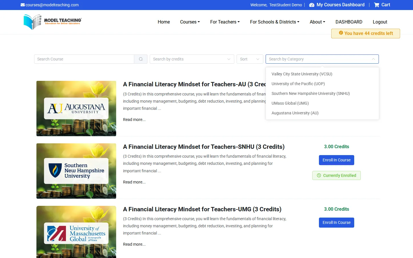 Search by Category open, listing the five university partners