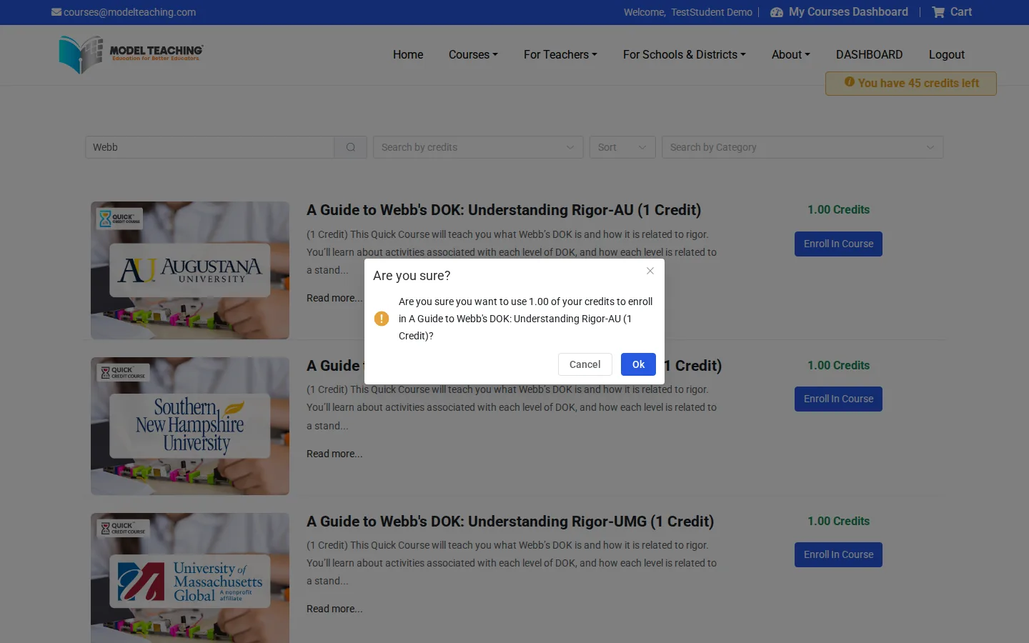 The confirmation message for using credits