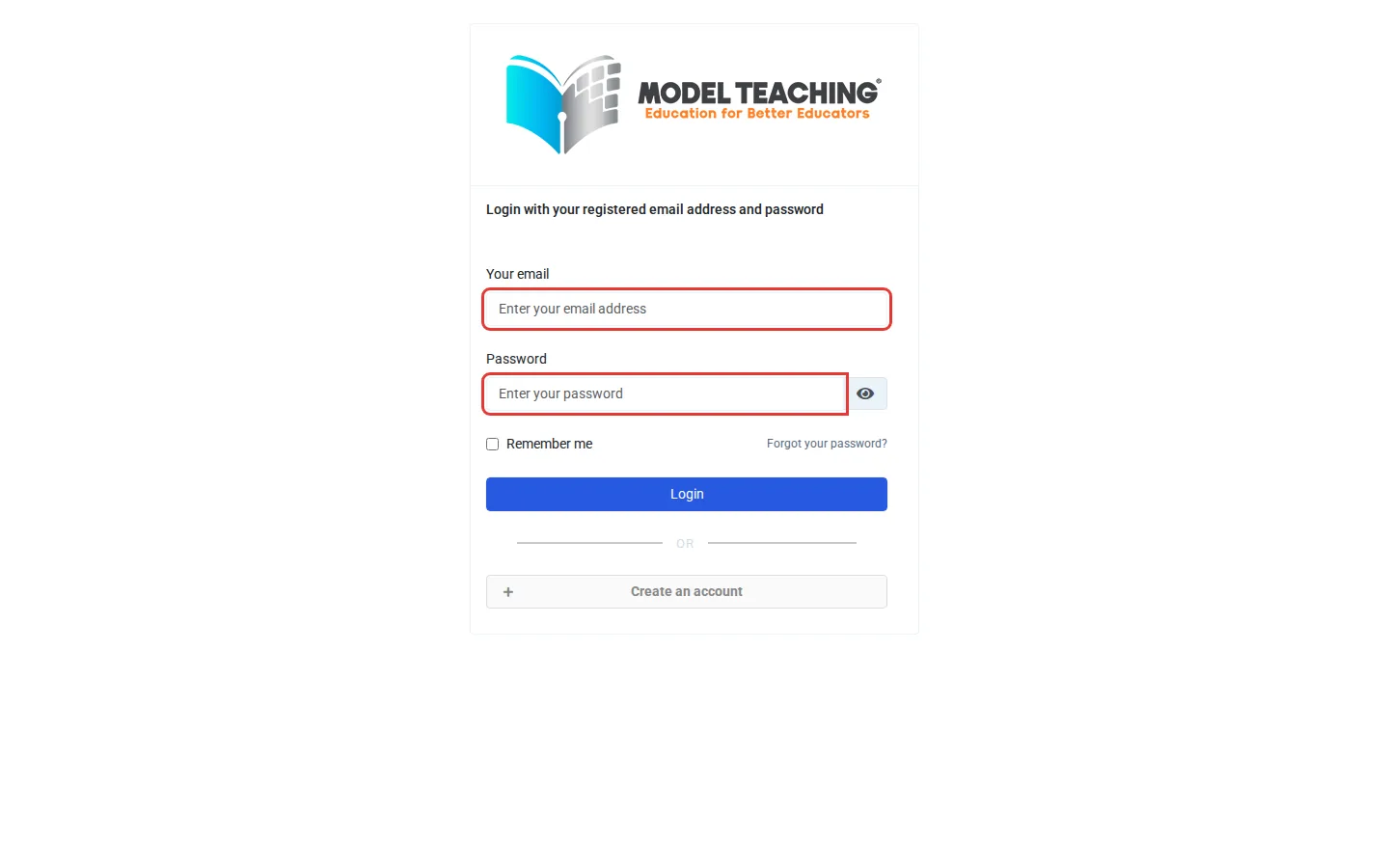 The login page with the email field, the password field, and the Login button outlined