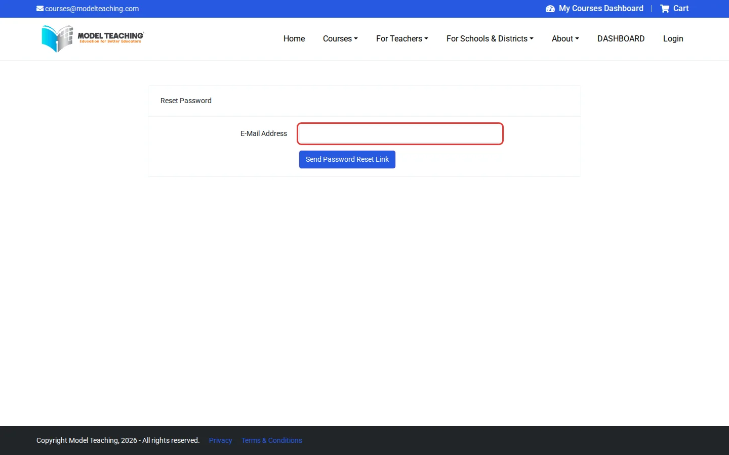 The Reset Password page with the E-Mail Address field and the Send Password Reset Link button