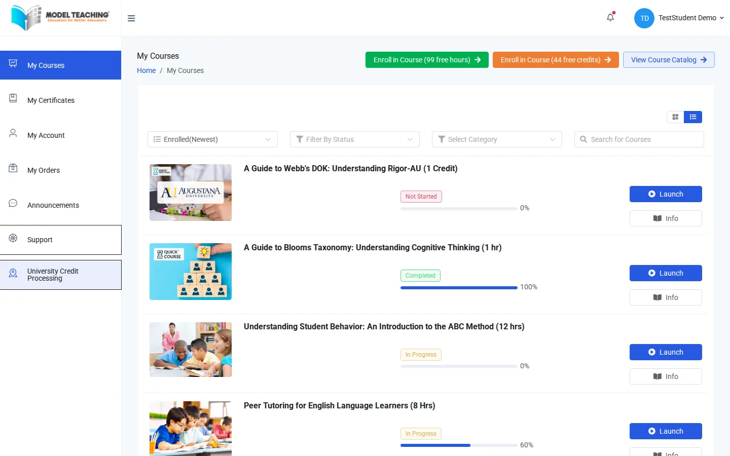 The Support and University Credit Processing links outlined in the left menu