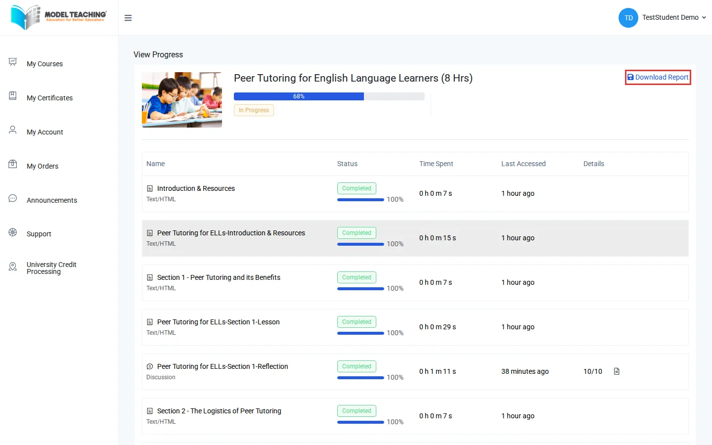 The View Progress page with Download Report outlined