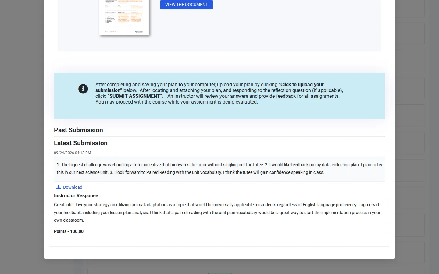An assignment's details with your submission, the Instructor Response, and Points