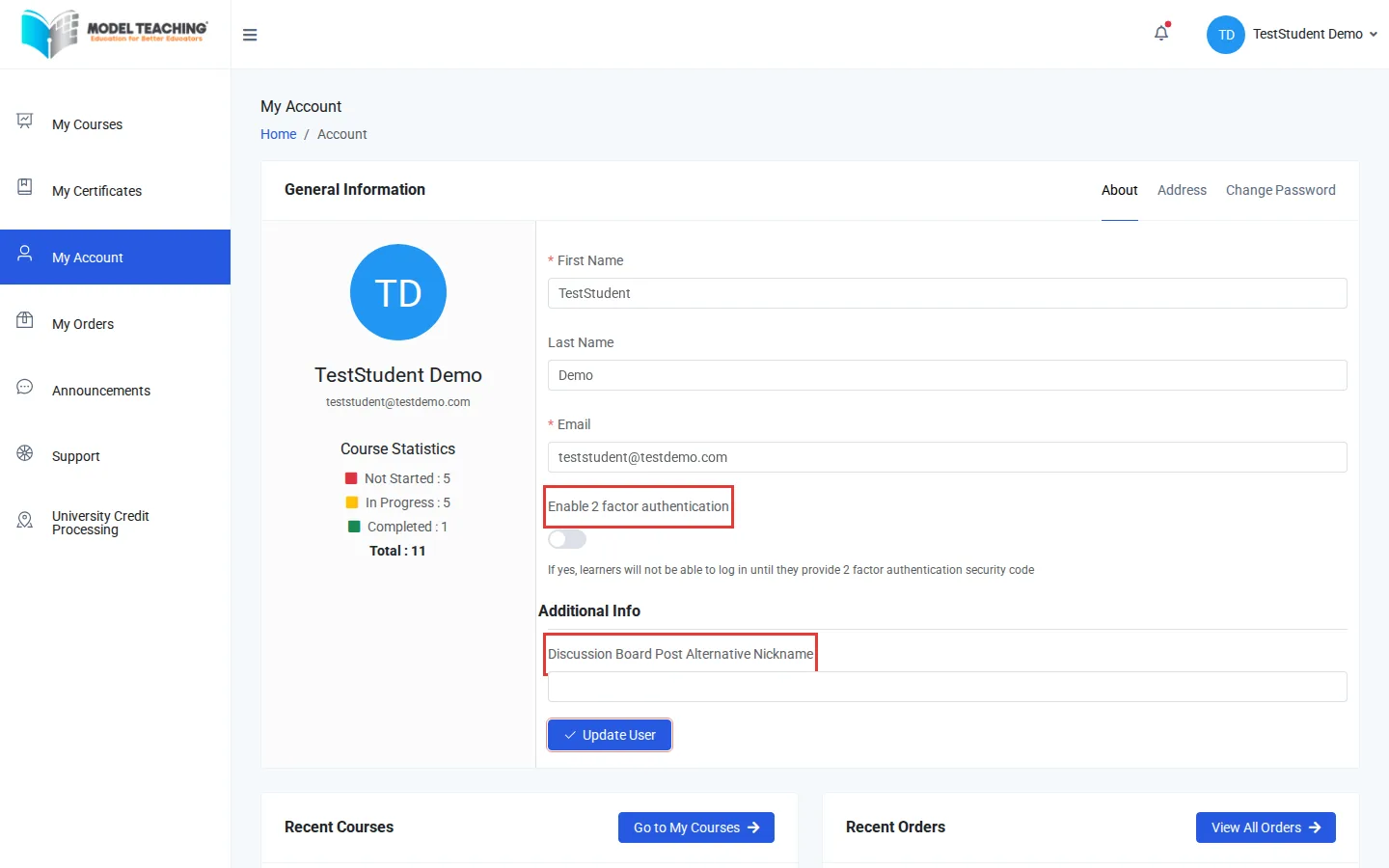 The About tab of My Account with the two-factor switch, the nickname field, and Update User outlined