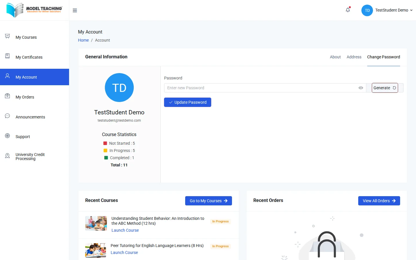 The Change Password tab with Generate and Update Password outlined