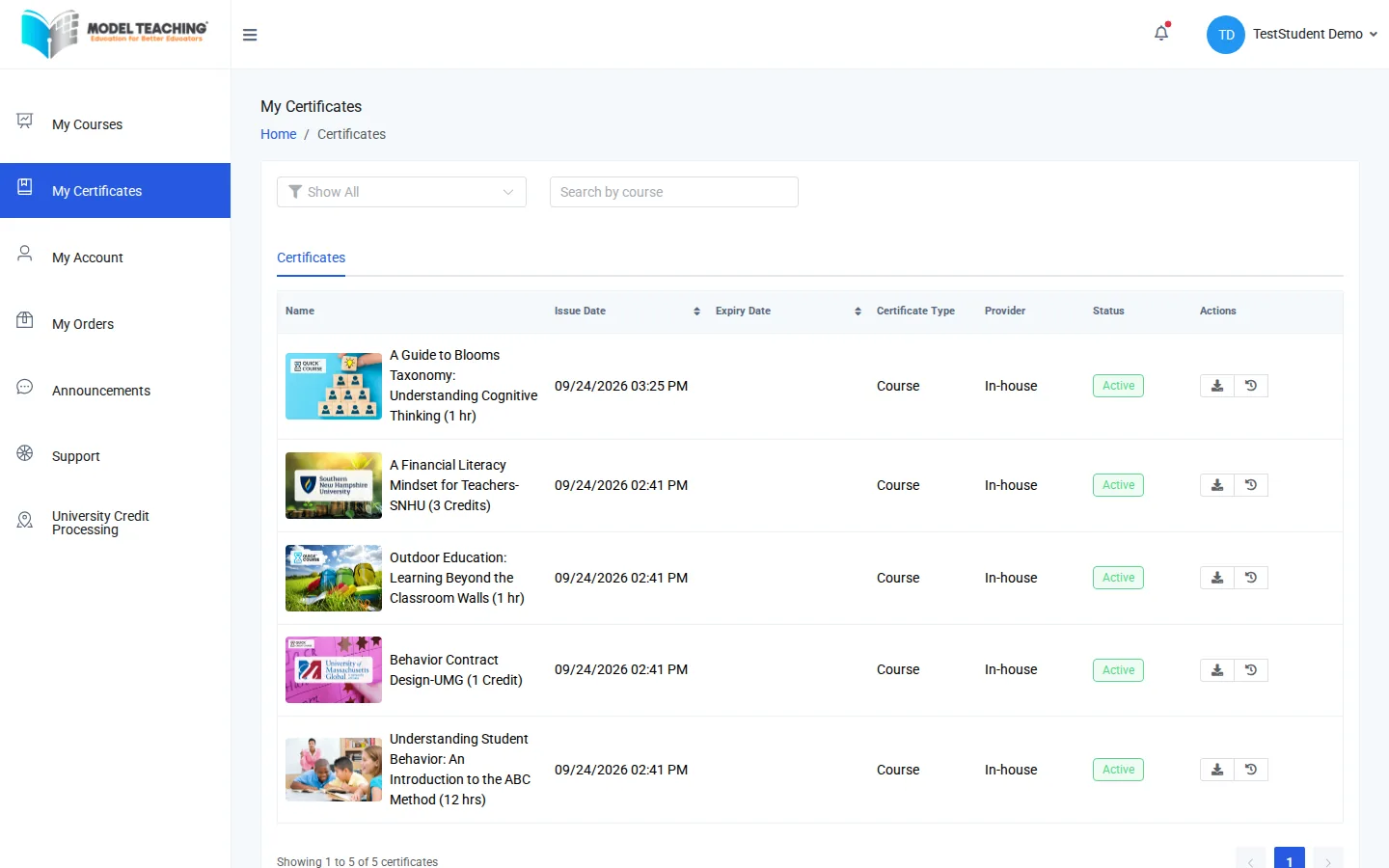 My Certificates, the list of your certificates