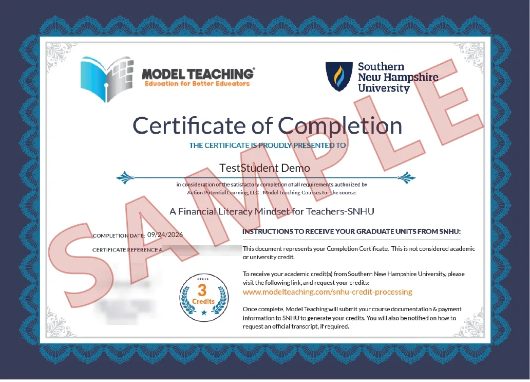 A sample graduate credit certificate with the university's credit instructions, marked SAMPLE