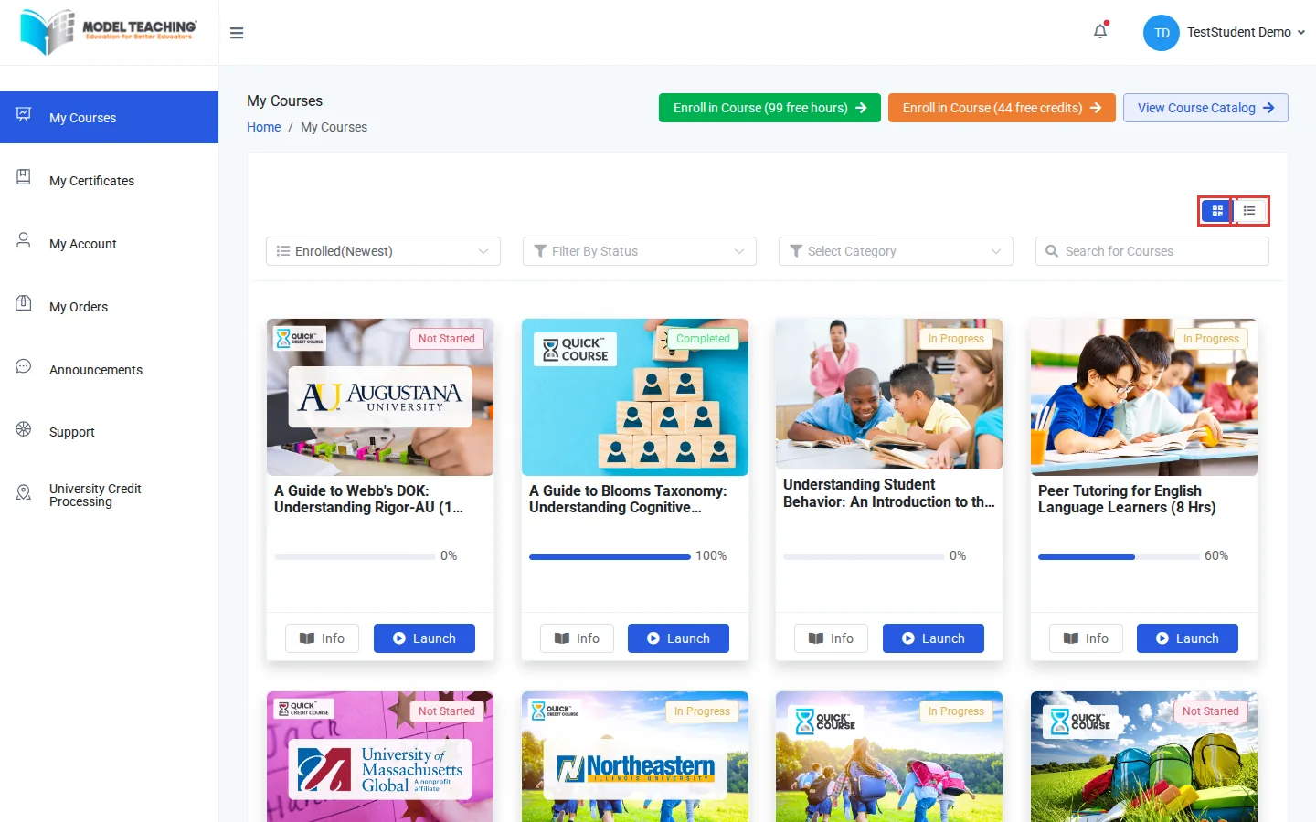 My Courses in card view, with the card and list view buttons outlined