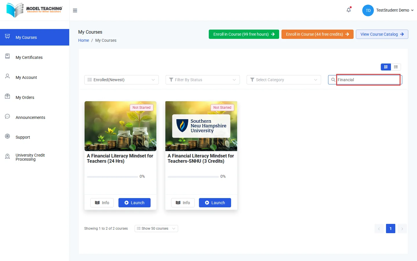Search for Courses with Financial typed, showing two matching courses