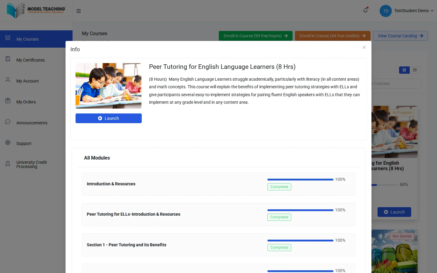 The Info panel with the course description and the module list