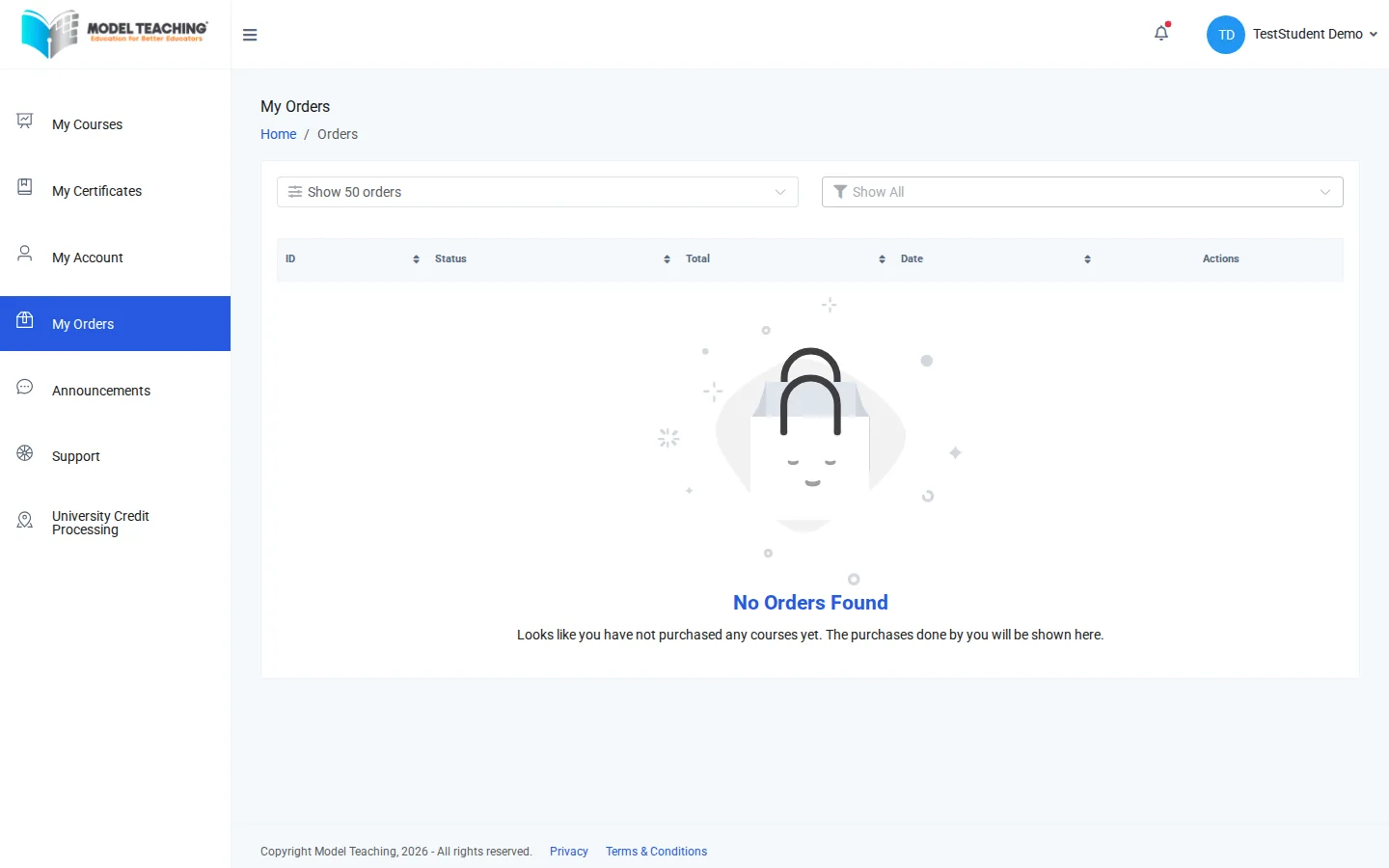 The My Orders page