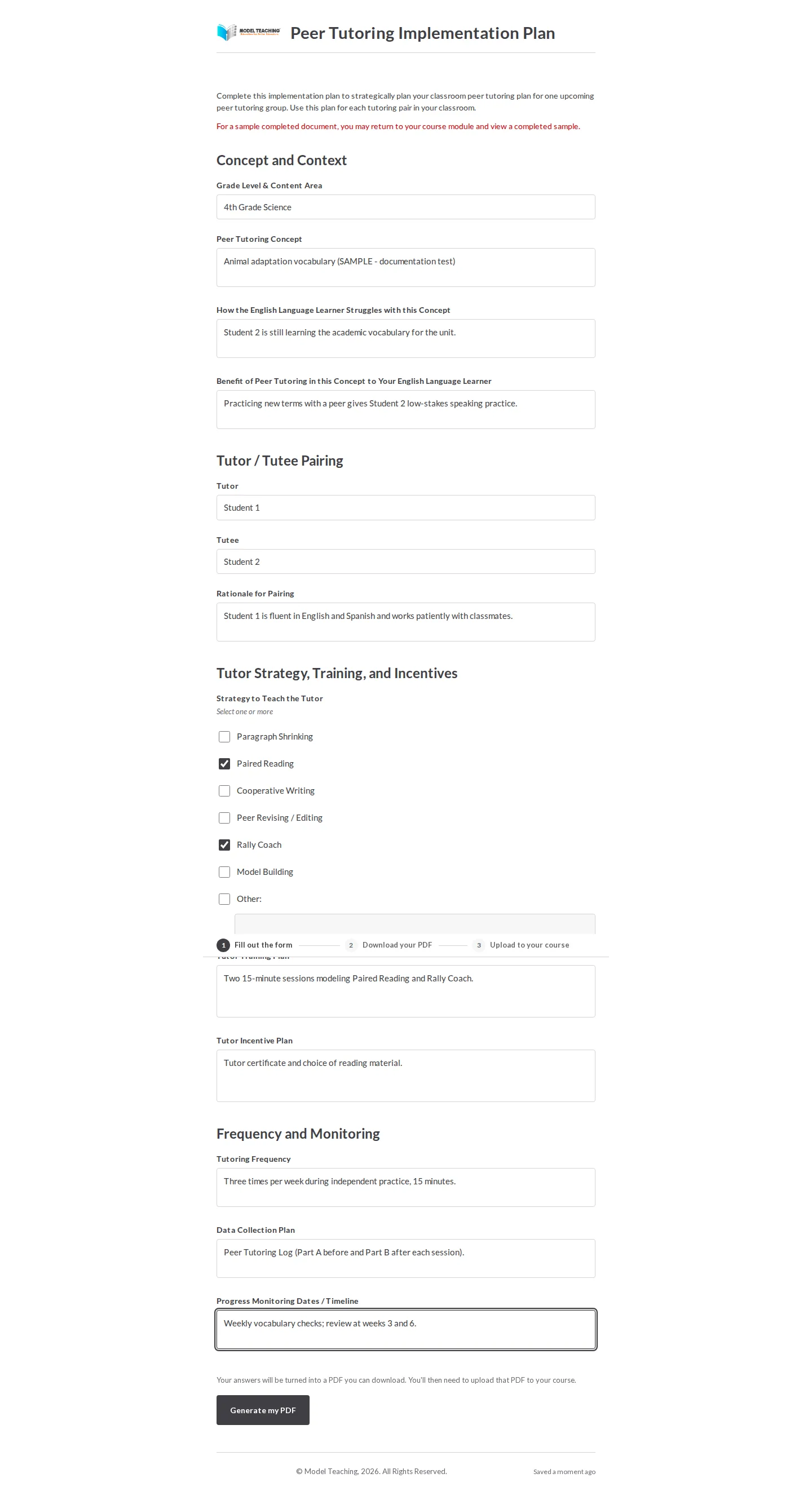 The PDF generator form filled in with sample answers