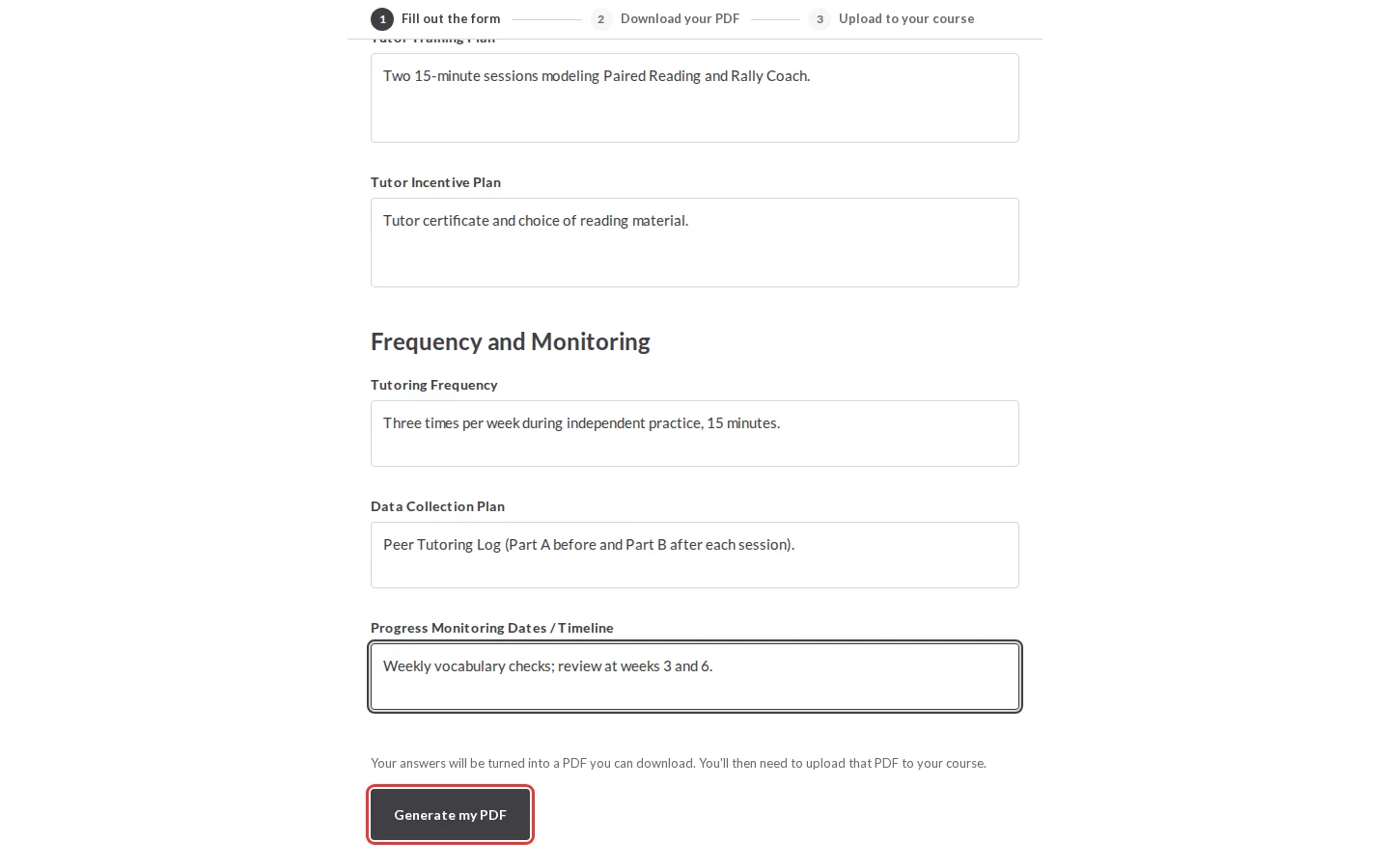 The Generate my PDF button outlined