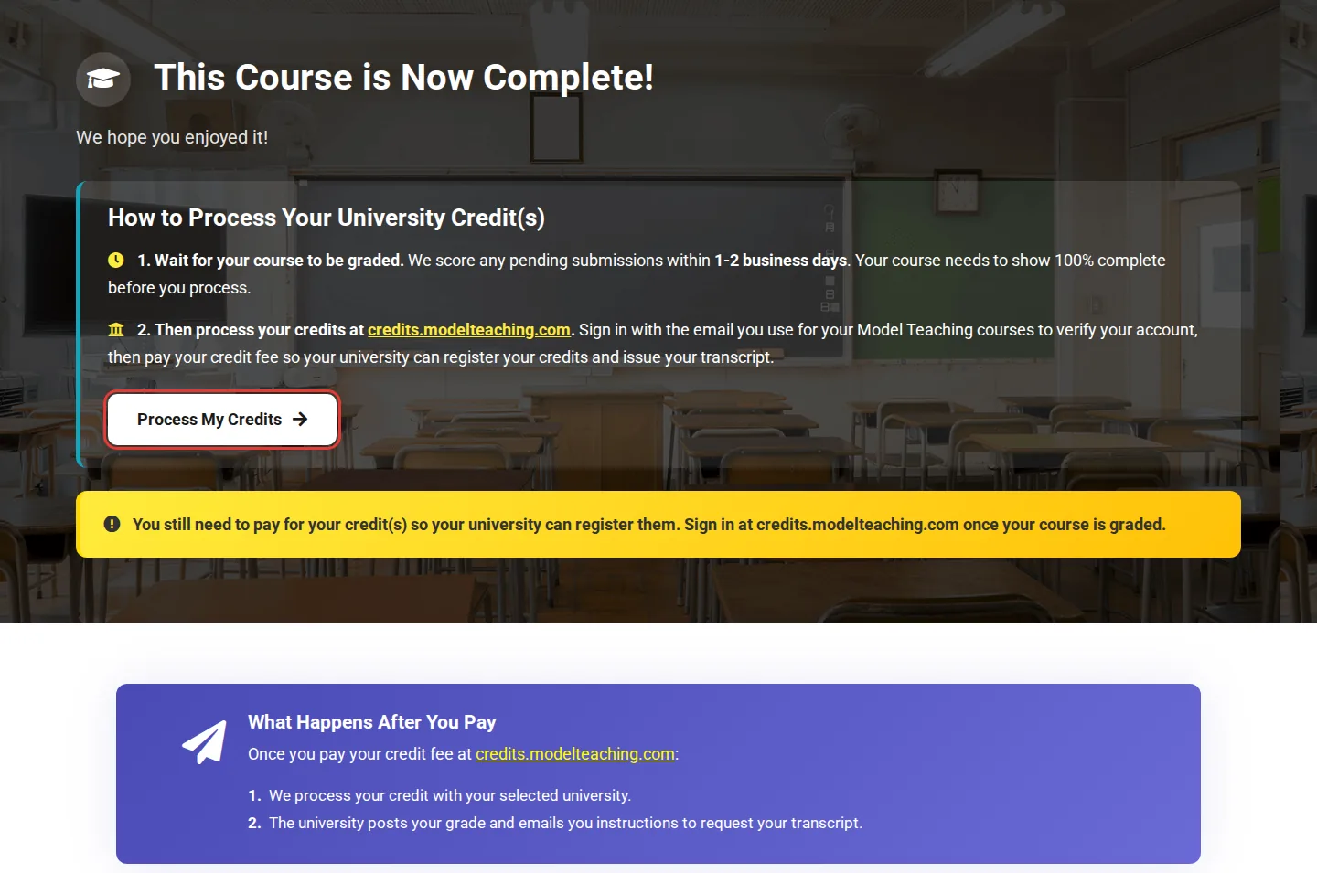 The End of Course - TRANSCRIPT INSTRUCTIONS module with Process My Credits outlined