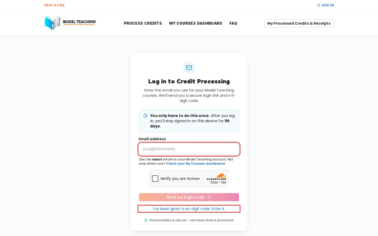 The credit processing sign-in page with the email field and the code buttons outlined