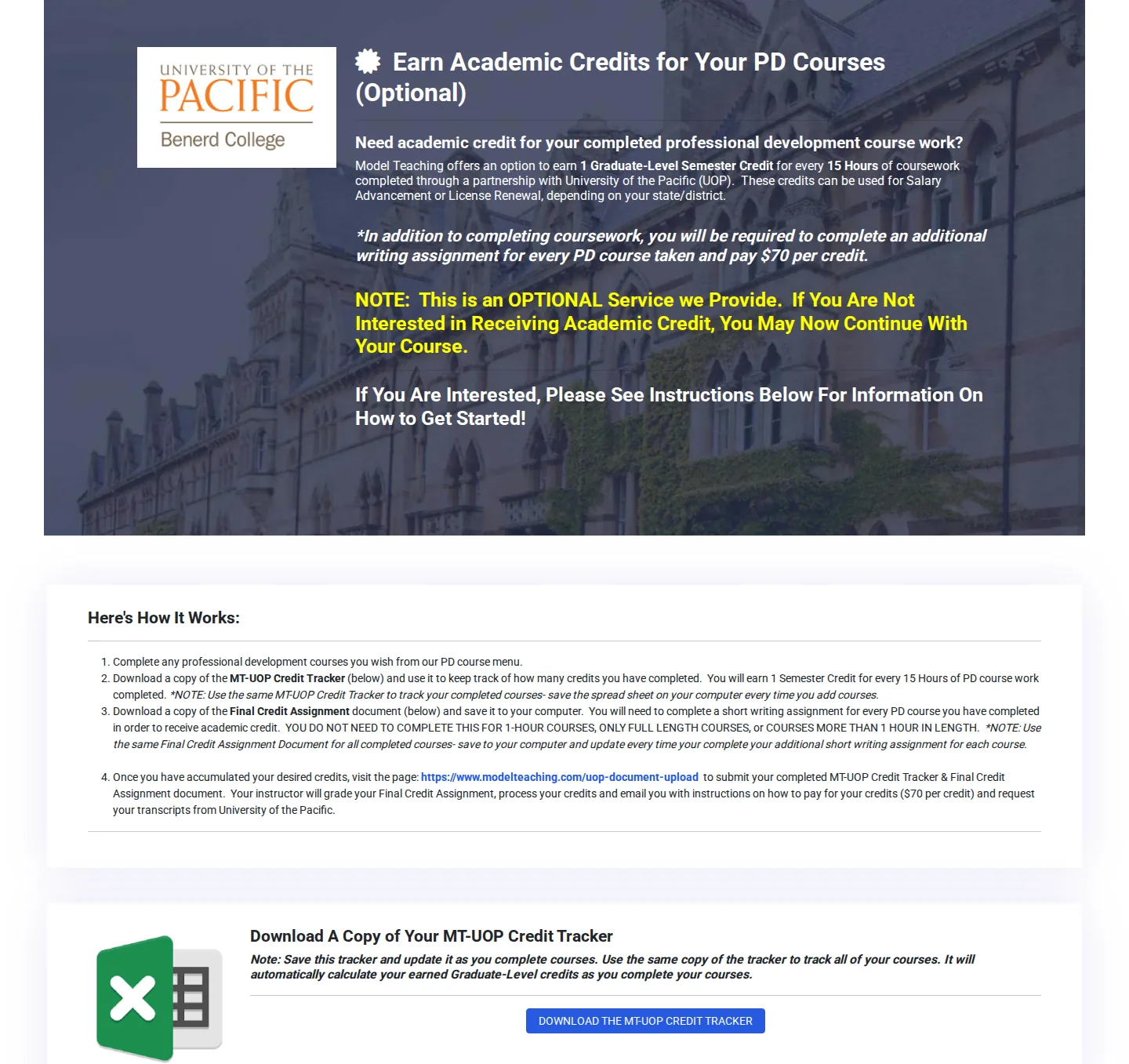 The Earn Academic Credits for Your PD Courses section of a course