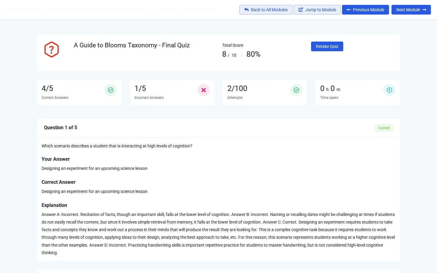 A Quick Course final quiz passed with 80%