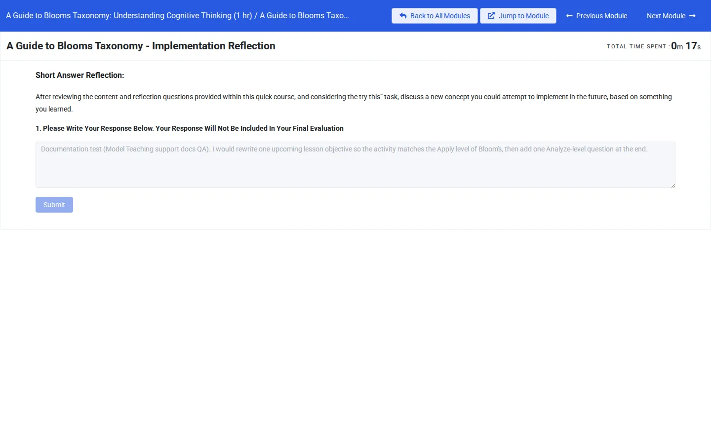 The Quick Course reflection after submitting, with the box and button grayed out
