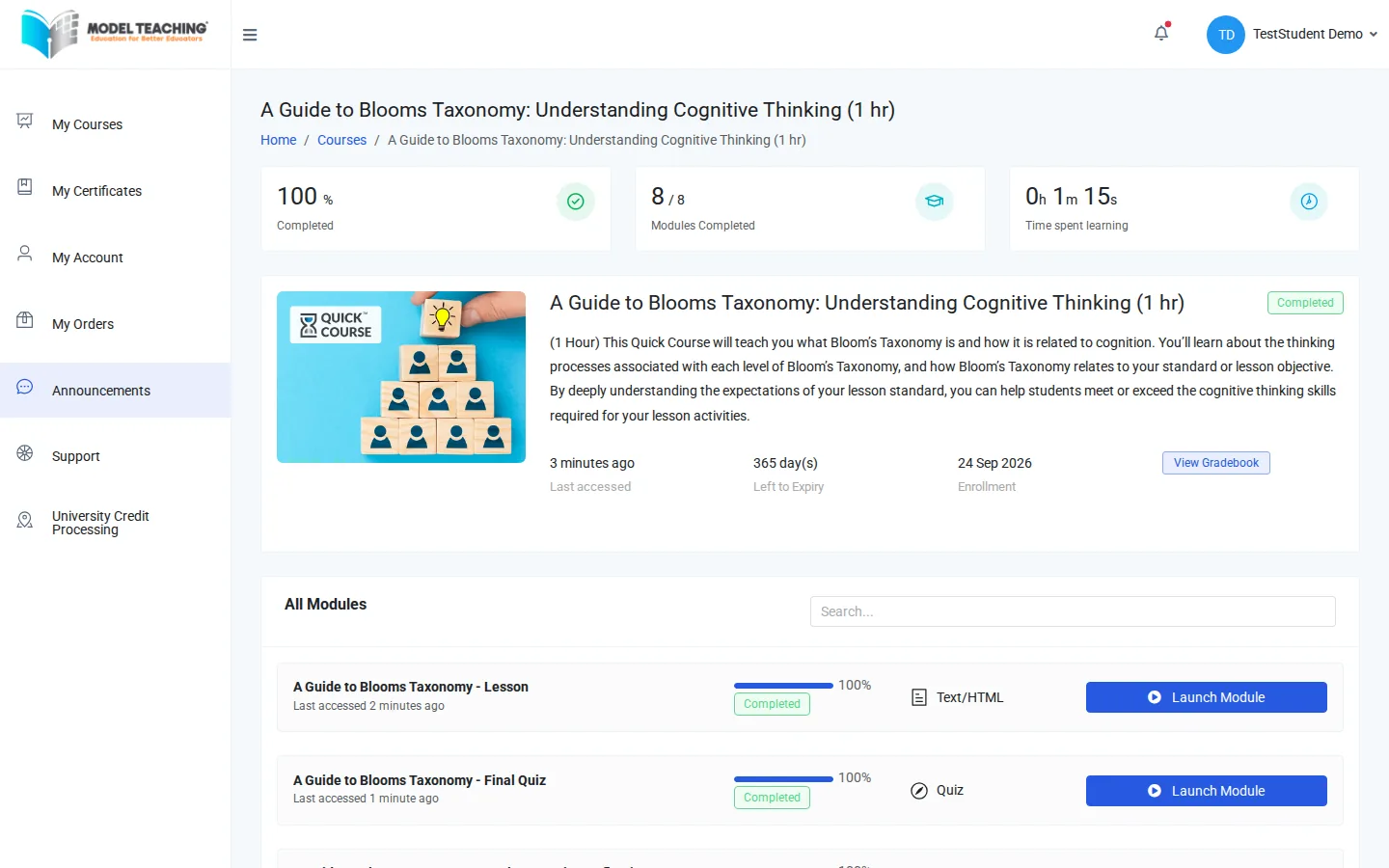 A Quick Course home page at 100% complete